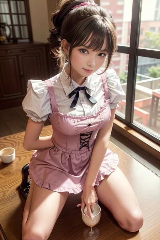 (best quality, masterpiece), RAW photo, high resolution, intricate details, extremely detailed, insanely detailed, incredibly detailed, finely detailed, (full body, frontal photography), looking at viewer, solo, 1girl, a 24 years old Japanese female, pretty woman, cute face, (open legs, legs apart, thighs), (kneeling on the table top:1.5), kneel down, on the table, (puffy short sleeve ruffle shirt), (pink miniskirt), (pink maid apron), (button-down shirts), (Neck strap button clearance), corset, high heel, medium-length hair, dark hair, high ponytail, curls, pale skin, large Breasts, lower bust, hands behind back,  (peeing in cup:1.5), (cup on the table, injected with unknown liquid), (Awkward:1.2), (a happy expression, abnormal expression), perfect anatomy,  photo background, indoors, cafes, window, morning, (crowd in background:1.3),
