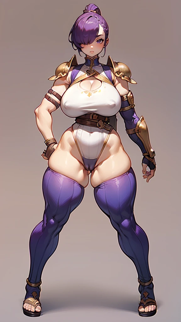 (masterpiece), best quality, female warrior, huge girl, female muscular:1.2, shoulder armor, pauldron, (((blank background))), ((full body)), fingerless gloves, sandals, sleeveless, covered nipples, ((buzzcut hairstyle)), purple hair, hair over eyes, (wide hips:1.6), thick thighs:1.7, ((camel toe)), (cleavage),