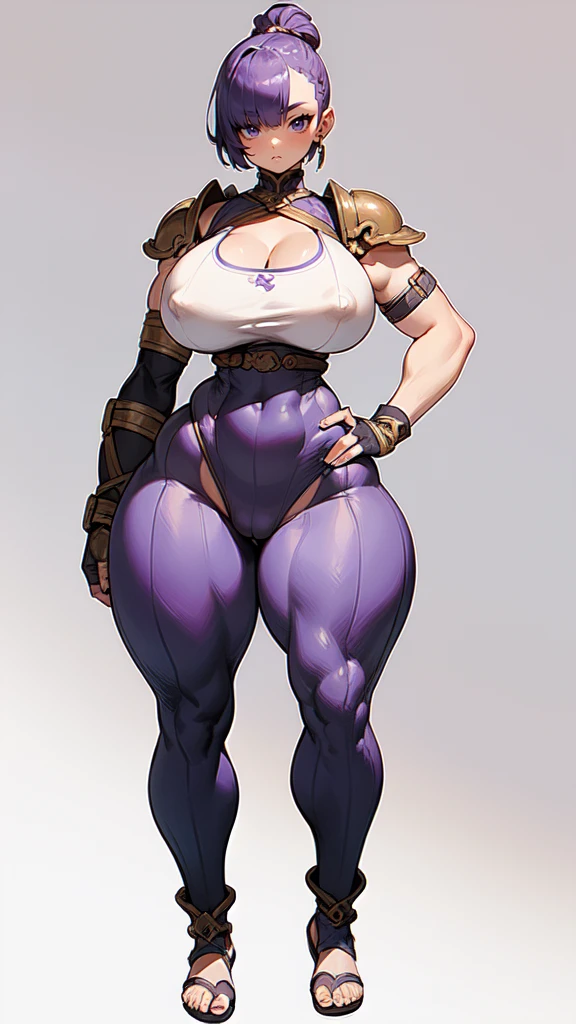 (masterpiece), best quality, female warrior, huge girl, female muscular:1.2, shoulder armor, pauldron, (((blank background))), ((full body)), fingerless gloves, sandals, sleeveless, covered nipples, ((buzzcut hairstyle)), purple hair, hair over eyes, (wide hips:1.6), thick thighs:1.7, ((camel toe)), (cleavage), 