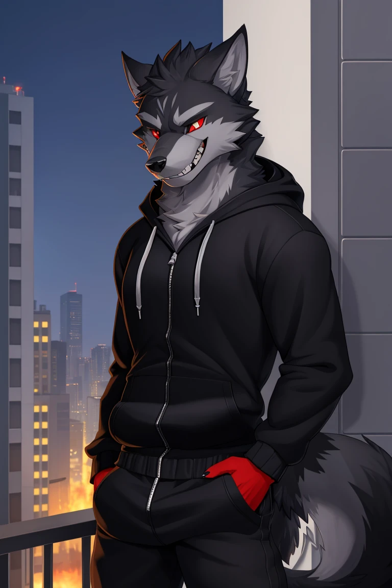 (4k , ultra detailed , flat colored)Furry werewolf , black wolf，Wear a black zip up hoodie，((hoodie is open)) , dark grey pants , wolf feet , wolf tail , 1tail , tail on waist , malicious grin , blood red eyes , standing over a building ledge