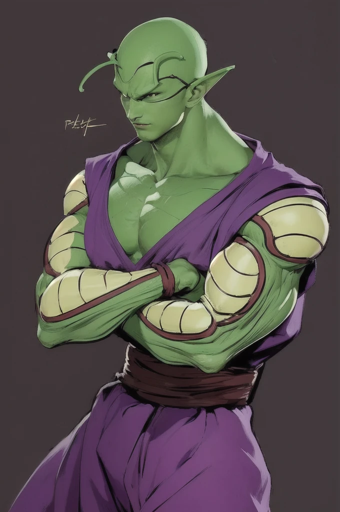 picoro character dragon ball, a man, masterpiece, best quality, (extremely detailed CG unity 8k wallpaper), (best quality), (best illustration), (best shadow), absurdres, realistic lighting, (Abyss), beautiful detailed glow, art by PeterMohrBacher,