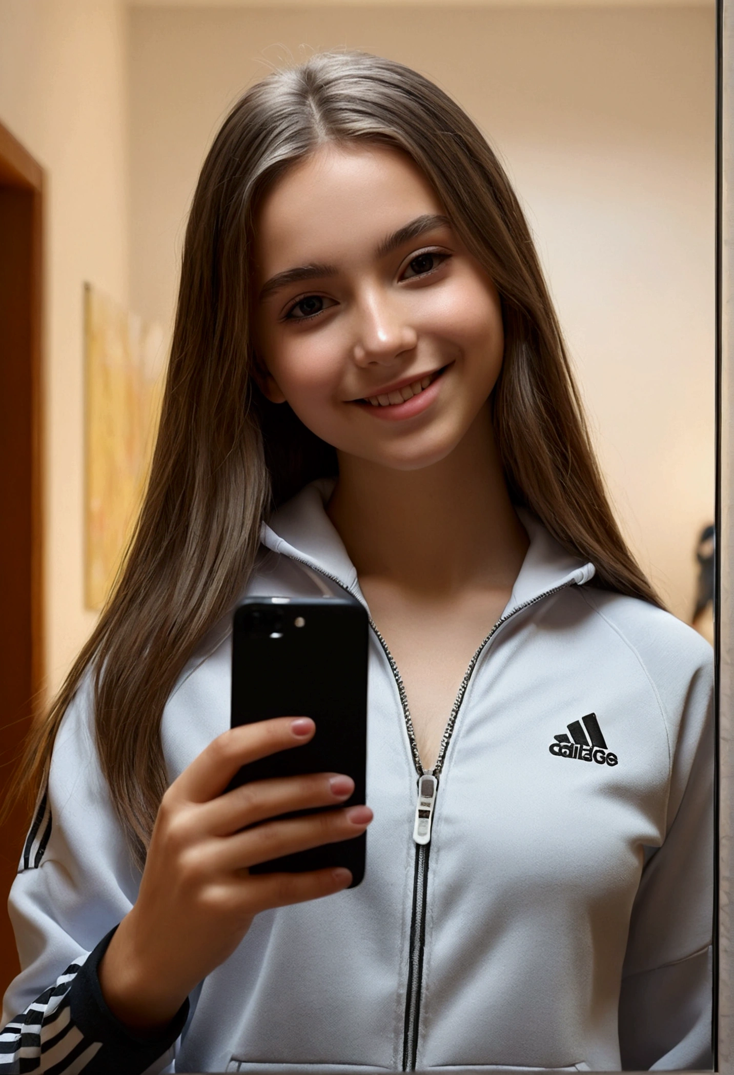 (Highest quality,masterpiece:1.3,Ultra-high resolution),(Very detailed,Caustics,8k),(Realistic:1.4,RAW shooting),1 girl,(Smiling and looking down at the camera)Wearing a tracksuit, summer, in front of the mirror, selfie, taking a picture of myself in the mirror with my smartphone, semi-long hair, college student, very cute