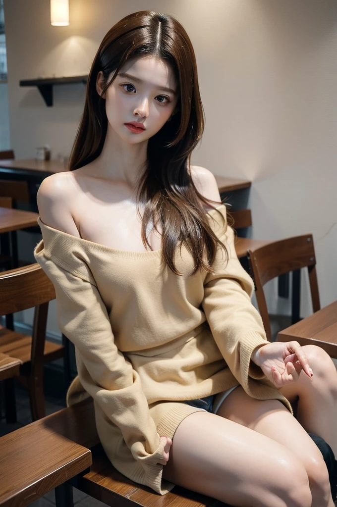 best quality, masterpiece, ultra high resolution, (realistic:1.4), RAW photos, 1 woman, open shoulder shirt, good body proportions, sitting in a cafe, natural, The face is small compared to the body, natural