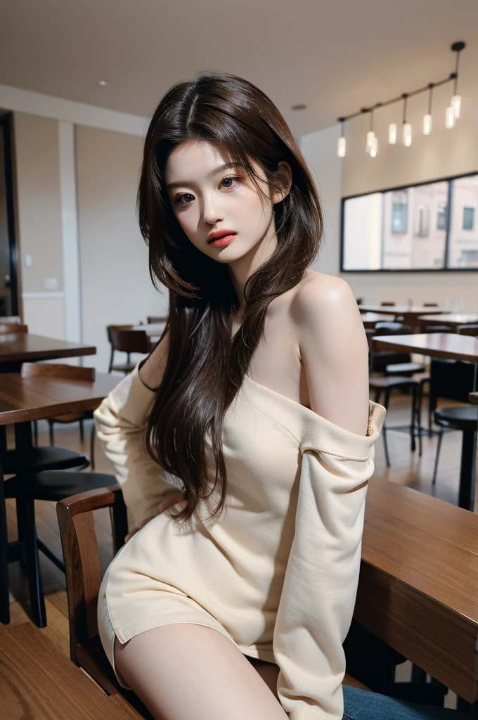 best quality, masterpiece, ultra high resolution, (realistic:1.4), RAW photos, 1 woman, open shoulder shirt, good body proportions, sitting in a cafe, natural, The face is small compared to the body, natural