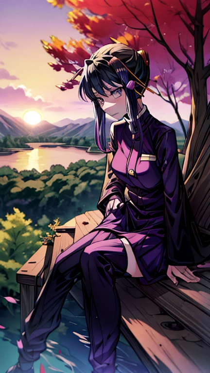 demon slayer anime style,  Kotouji Agamaki, 1 girl 22 years old, serious and calm with gold eyes and pronounced eyebrows, Long straight braided hair surrounding your hair, dark purple hair with the most striking violet tips and two side sideburns of hair and long bangs, She wears a long-sleeved hunter uniform with a dark magenta skirt and everything., a katana, a black japanese coat with gold floral).   Kimetsu no yaiba anime. Sitting on her legs, in a fic, next to a window from head to toe with landscape background of a cherry tree and a sunset,