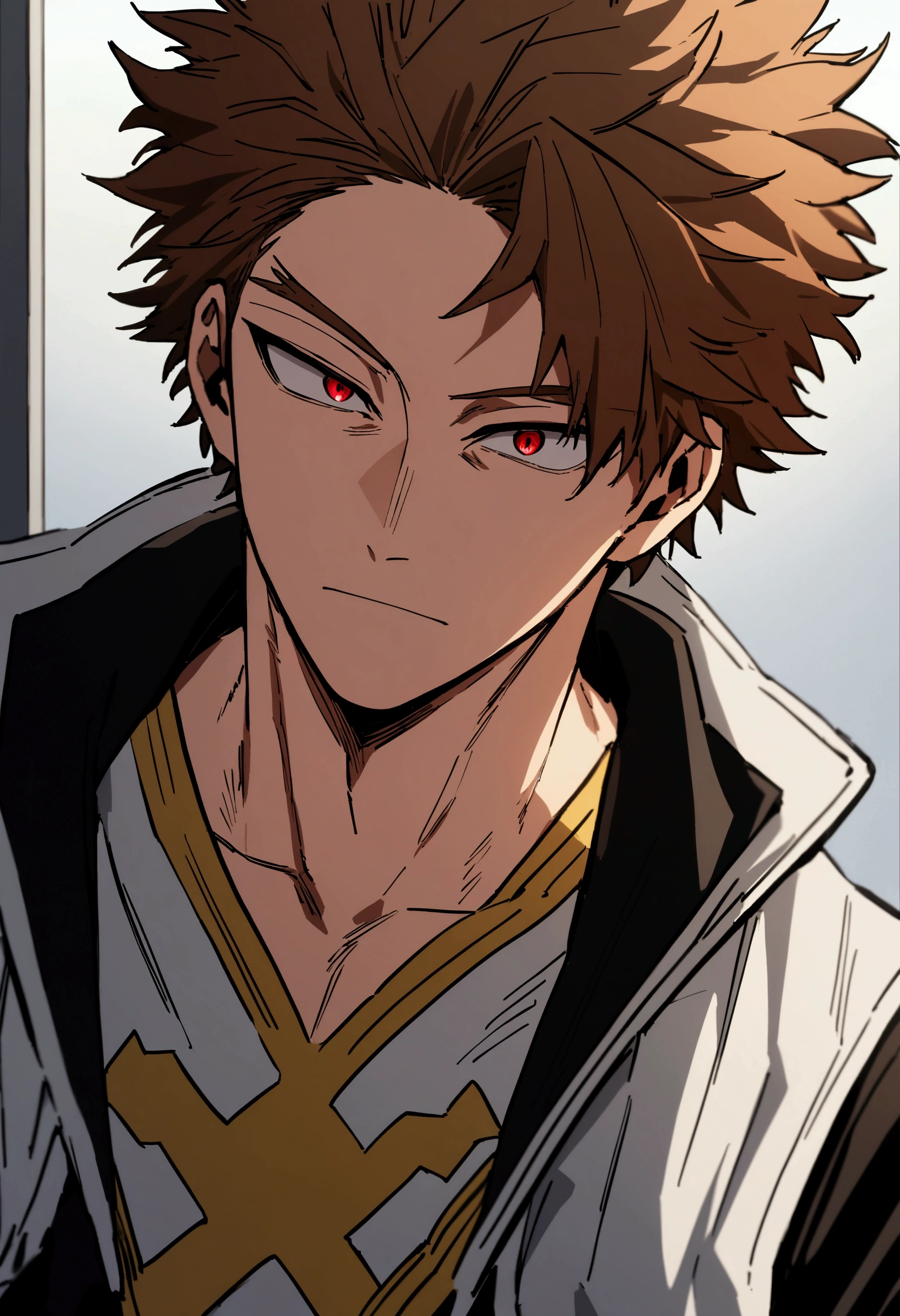  He is 22 year old teenager, He has slightly disheveled Brown hair..., somewhat light red eyes, , muscular body , sexy face, He is dressed in the anime male uniform "my hero academia", detailed face, bright red eyes 