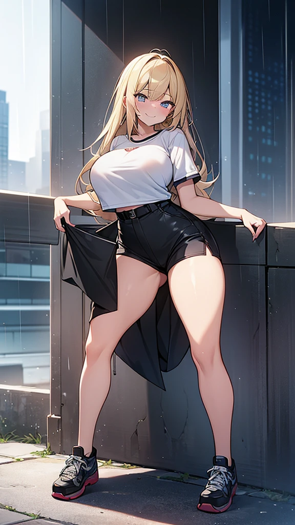 Full body image, front, One girl, 18-year-old, Mix 4, (32K, RAW Photos, Highest quality, masterpiece:1.2), (Anime-like, photoAnime-like:1.37), cute, Short sleeve T-shirt,Shorts,Black knee socks, night, rain, Humidity, Professional Lighting, Photon Mapping, Radio City, Physically Based Rendering, Super Resolution, (Big Breasts:1.2), {{The biological weapon that preyed on the younger sister exposes her breasts and private parts, and with an evil smile on her face, straddles her older brother's crotch and has intense cowgirl sex.}}, Girl Skull, whole body, NSFW