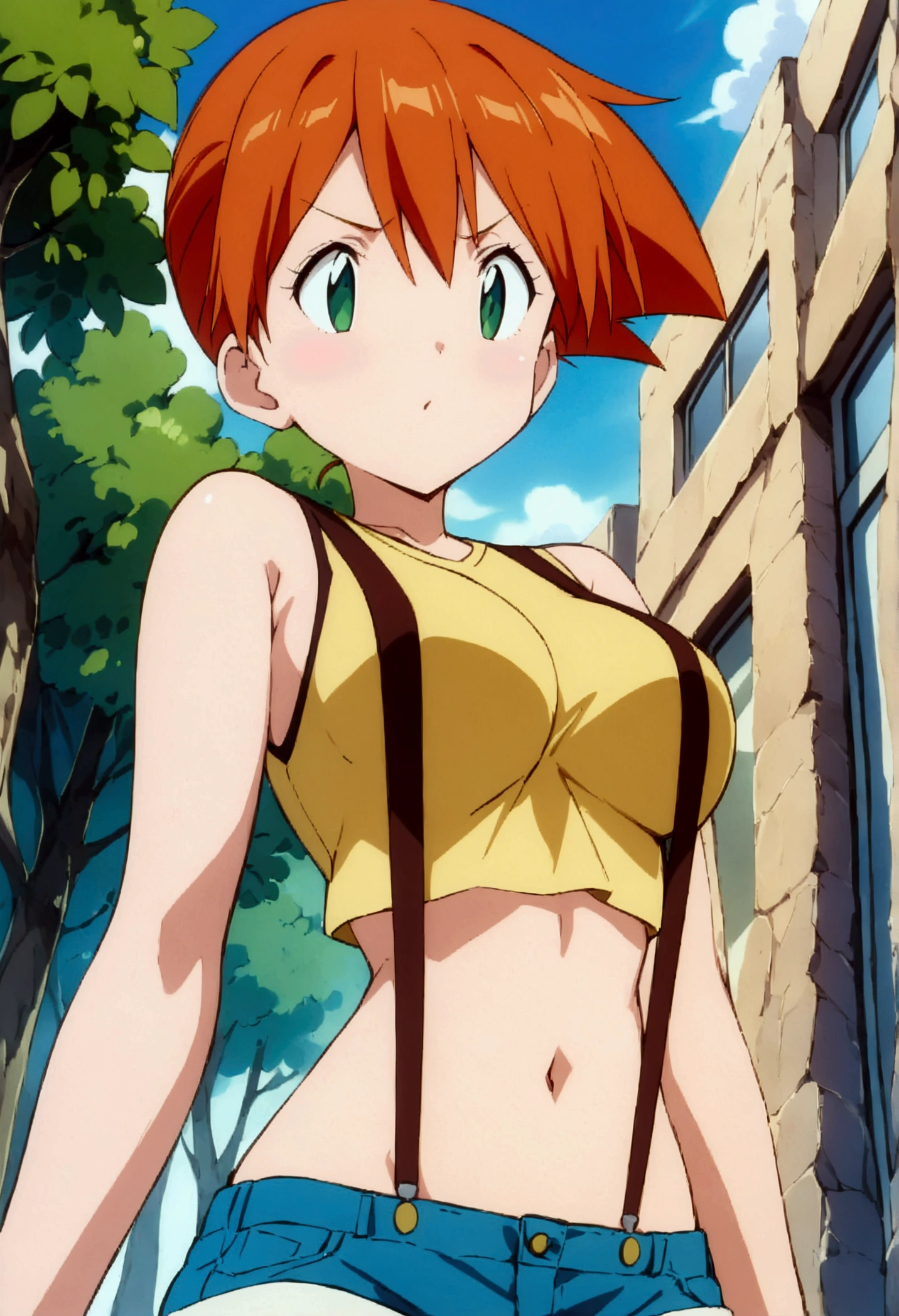 (score_9, score_8_up, score_7_up), (best quality, masterpiece),perfect anatomy,aesthetic,very aesthetic,official style, ultra-high resolution,source_anime.from below,below view,face focus ,,standing ,  (mature) ,1girl, Outdoor, Green Eyes, Orange Hair, , Yellow Shirt, Sleeveless shirt,stomach, Denim shorts, suspenders,   (slender), ,(Composition),,(Standing pose)
