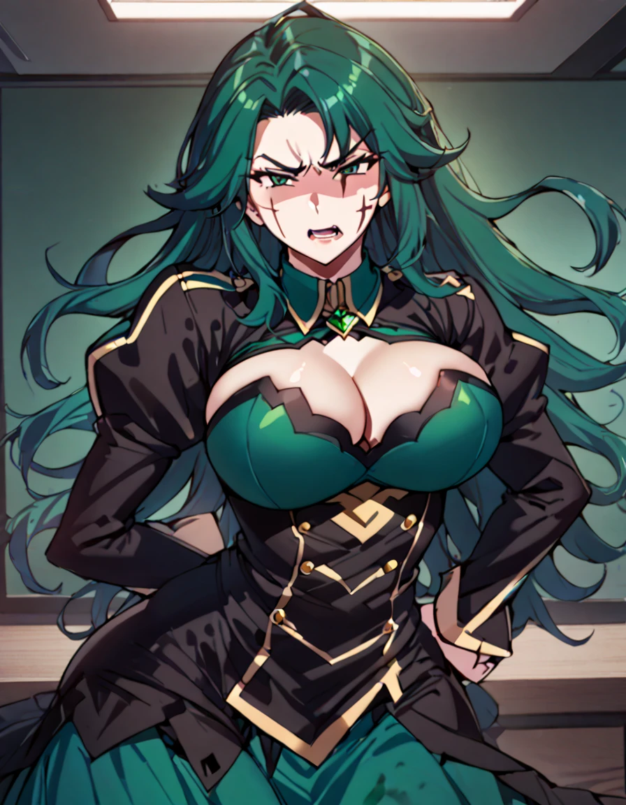 Anime, 1 girl, solo, kimtag, side-layered hairstyle, emerald colored hair, green eyes, furious face, busty, firm plump body, genetics's uniform , Juliet sleeves, deep cleavage, face scar,, large skirt, posing with her hands in the hip