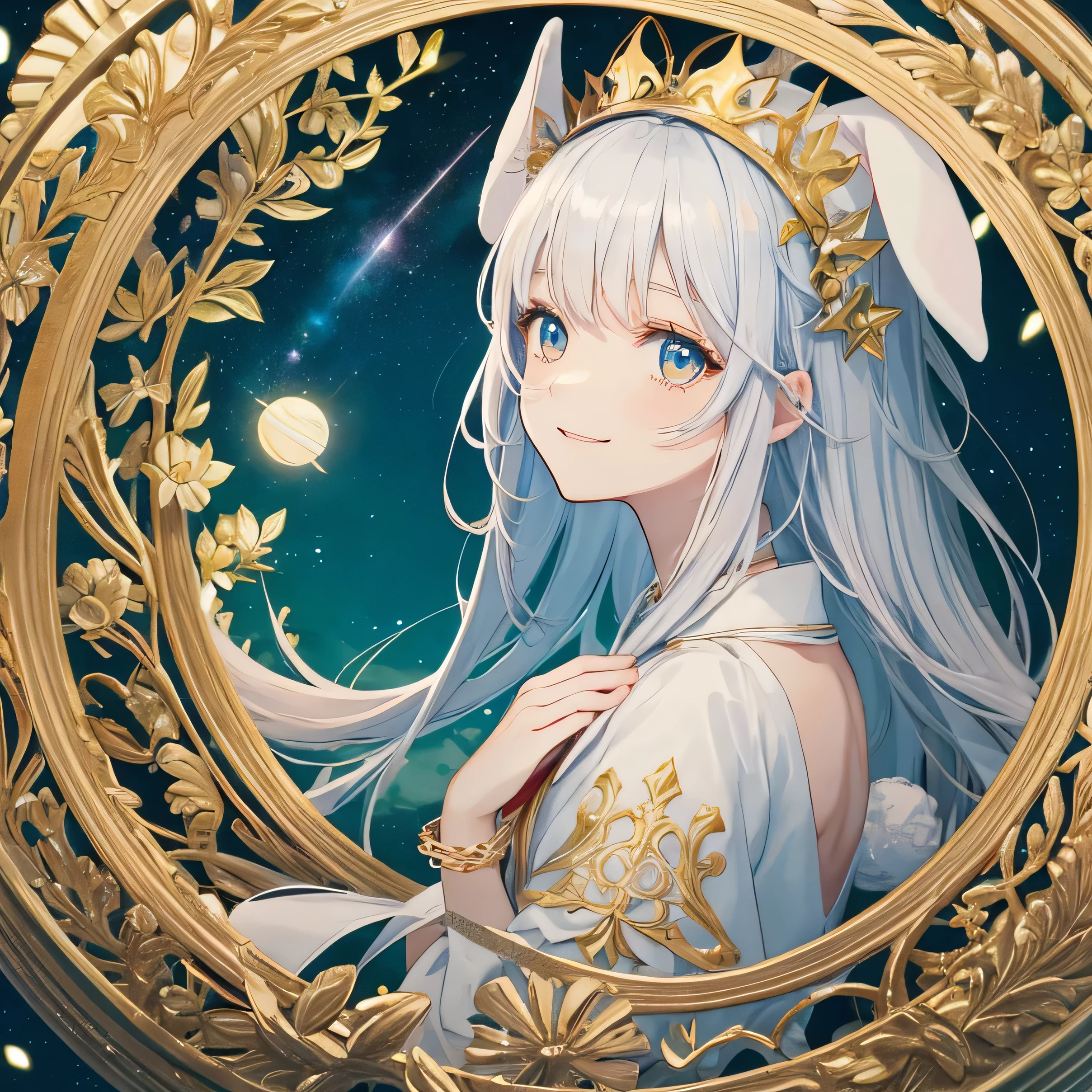 （（Gorgeous starry sky background），（（ultra - detailed）），（（Best Best Illustration），（（Movie lamplight）），{{cute anime face}}，（Best quality at best），（ultra - detailed），（The best illustrations），（very delicate beautiful}，{album covers}，album，(Best quality at best,4K,A high resolution),Anime girl with bunny ears,Very long white rabbit ears， Travel through the universe, Wearing a flowing white magical girl robe，with smile, long flowing white hair, intricate headpiece, colorful bracelet, this rabbit#39;The ears are so long, Full body photo, cosmic, Interstellar Travel, Galaxies, Starcloud, asteroids, vastness, Twinkling stars, A vibrant fantasy world, majestic cosmic background, Widescreen wallpaper，(tmasterpiece), (Best quality), (ultra - detailed),(curlies),(lamplight), (Fashion clothing),beautidful eyes, exquisite and beautiful face, floating, (high saturated), (shine), Serafre#39;Works on artstation, thick acrylic, Illustration on Pixiv, Portrait of waist up, Best quality , ultra - detailed, sad, skilled, Nice face, Character styles rendered by Octane,bright，cheerful，Interesting，gentlesoftlighting，（bauhaus，shape，line engineering，Abstract：1.1）,Best quality，cinematic Film still from，
