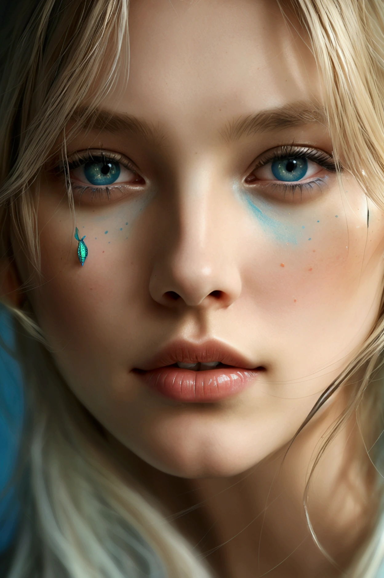 Beautiful supermodel woman with blonde hair, a lock of hair with a slight highlight, blue-gray eyes, mixed medium, undried paint, jewel beetle, colored background, liquid color flowing across her face, photographed by Jingna Chang. --v 6