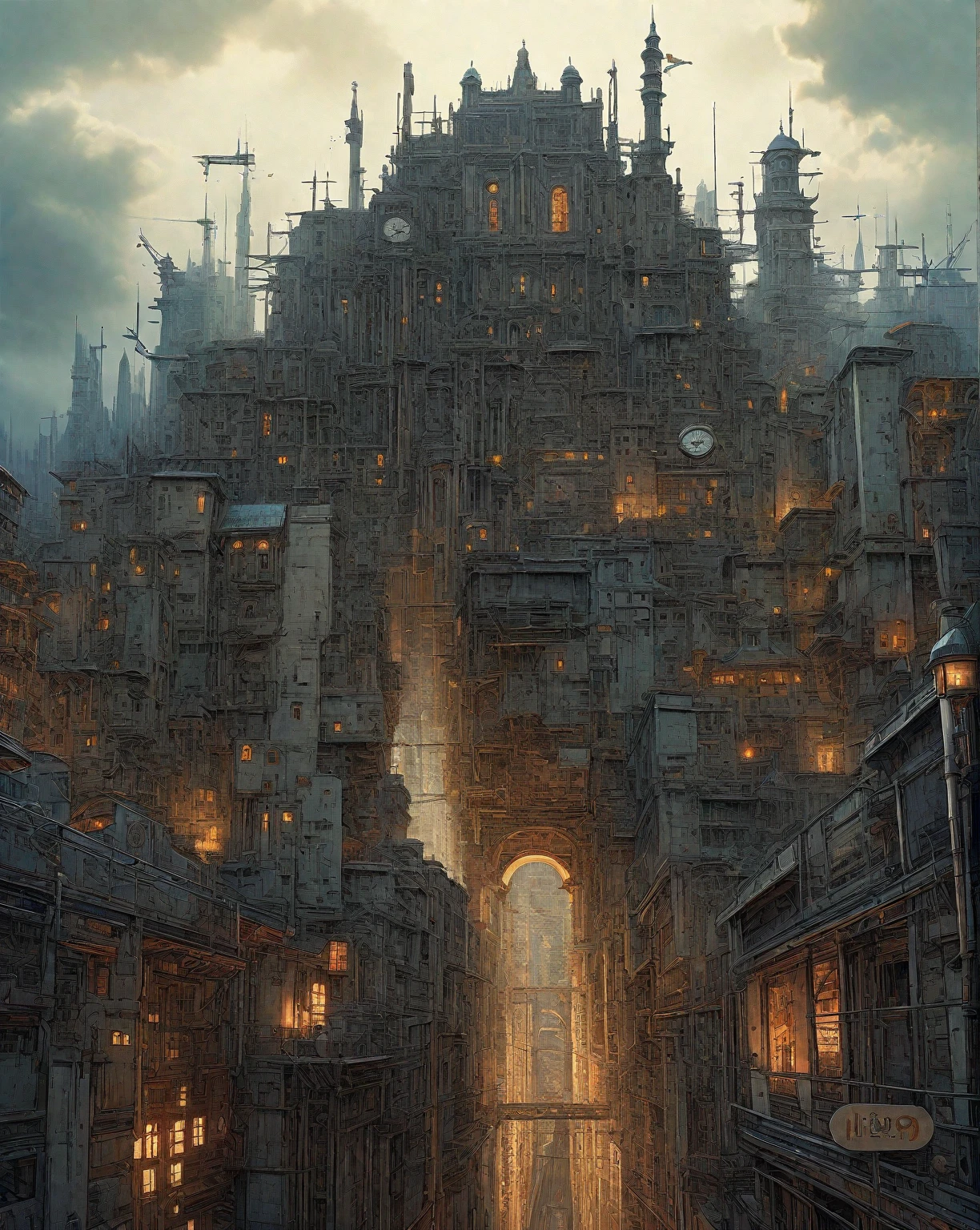 there is a drawing of a city with a clock tower, insanely highly detailed artwork, realistic painting of a complex, complex layered composition!!, expansive detailed layered city, realistic intricate concept art, big and structured valhalla city, multi layered huge architectures, insanely detailed art, atelier olschinsky, intricate cyberpunk city, intricate matte painting, intricate concept art