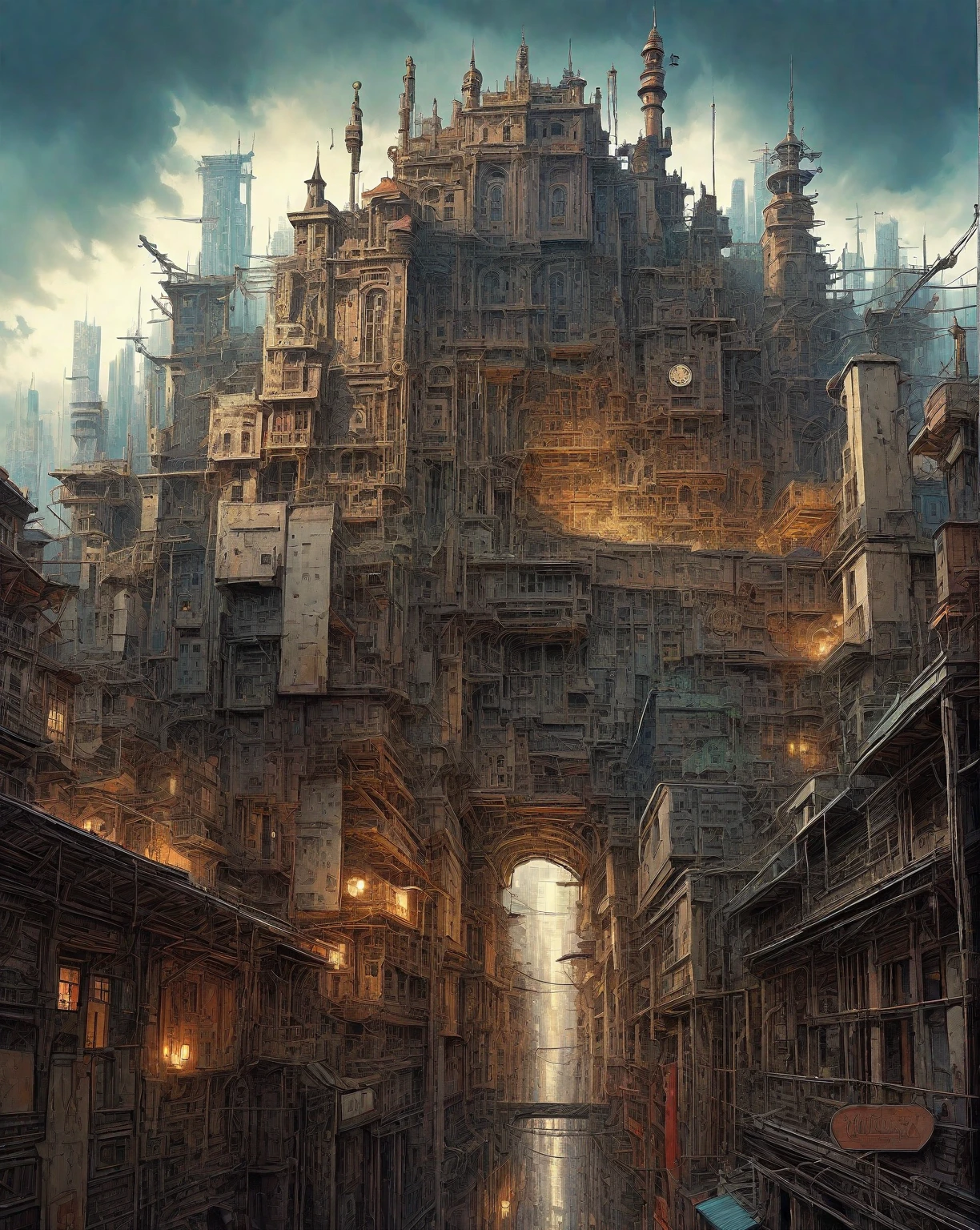 there is a drawing of a city with a clock tower, insanely highly detailed artwork, realistic painting of a complex, complex layered composition!!, expansive detailed layered city, realistic intricate concept art, big and structured valhalla city, multi layered huge architectures, insanely detailed art, atelier olschinsky, intricate cyberpunk city, intricate matte painting, intricate concept art