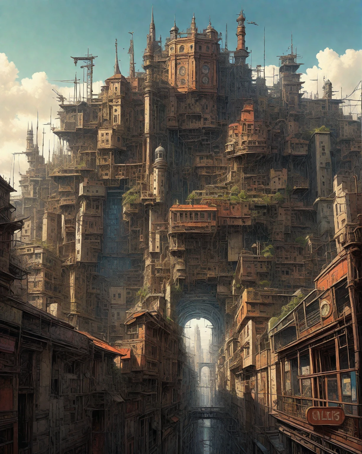 there is a drawing of a city with a clock tower, insanely highly detailed artwork, realistic painting of a complex, complex layered composition!!, expansive detailed layered city, realistic intricate concept art, big and structured valhalla city, multi layered huge architectures, insanely detailed art, atelier olschinsky, intricate cyberpunk city, intricate matte painting, intricate concept art