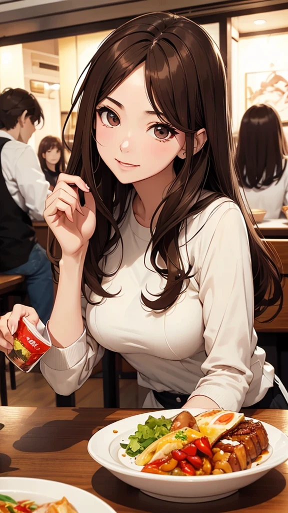 Gal、meal、restaurant、From the chest up、Brown Hair、Around 25 years old、Anime style illustrations