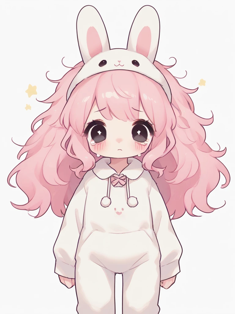 score_9, score_8_up, score_7_up, score_6_up, score_5_up, score_4_up, source_anime, rating_safe,

1girl, stars, white background, cowboy shot, looking at viewer,long messy pink hair,blush,big black eyes,teary eyes,bunny onesie,bunny onesie,long pink messy hair,white and pink bunny onesie