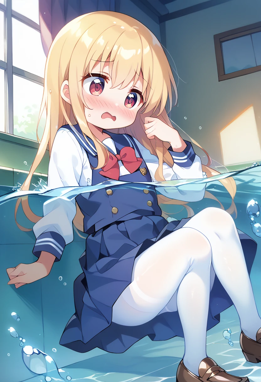 score_9, score_8_up, score_7_up, source_アニメ, masterpiece, 1girl, work, school uniform, blue dress, sailor dress, pinafore dress, white sailor collar,white shirt, red bowtie, long sleeves, flat chest, white pantyhose, loafers, indoors, shiny hair, cuteポーズ, (Completely flooded)、((The skirt spreads over the water surface.))、(Drowning), Immersed in water、Transparent pool, Water Play, Primary school students、Skirt fully open、Long wide skirt、cute、blush、Watery eye、Lots of water、Wet