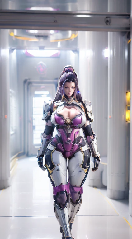 (1GIRL,SOLO:2), (super detailed face), ((BIG BUTTOCKS, HUGE BREASTS:1.5)), (CLEAVAGE TOP:1.5), (MUSCLE ABS FEMALE:1.4), (MECHA GUARD ARMS,GLOVE:1.4), ((WEAR MAGENTA BLUE OVERWATCH MECHANICAL ARMOR CROPTOP, BLACK MECHANICAL SKINTIGHT SUIT PANTS, MECHA GUARD ARMOR LEGS:1.5)), (MUSCULAR BODY:1.3), (GLOSSY SKIN:0.8), (LONG LEGS, FULL BODY:1.1), (LOOKING AT VIEWER:1.3), (female focus:0.886), (WALKING DOWN HALLWAY OF FUTURISTIC SPACE STATION:1), (BRIGHT LIGHT WHITE_ROOM:1.3), SUPER TEXTURE, UNREAL ENGINE RENDER, PHYSICALLY-BASED RENDERING, ULTRA HIGHT DEFINITION, 16K, 1080P.