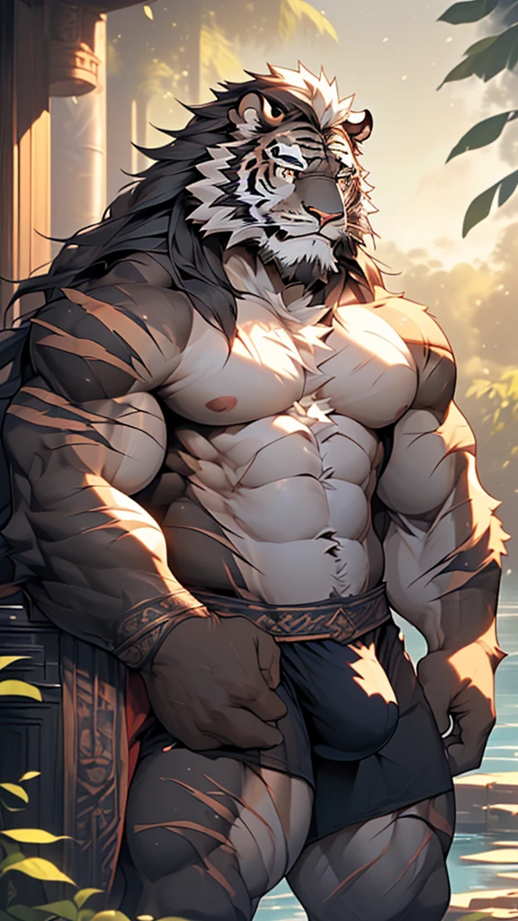 (masterpiece),(highres),(intricate details:1.4),extremely detailed,(illustration:1.2),8k,photorealistic,exquisite,(daddy:1.5),aged,elder male tiger ,muscular,(guardian:1.7),(safety guard),black fur,manhood,warrior,(black fur:1.3),long hair,long beard,(numerous scars),(bulging crotch:1.8),(:1.5),(a serene face:1.9)(naked body