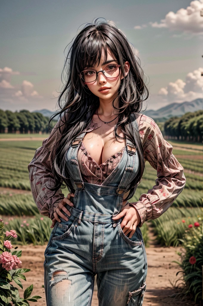 1 girl, black hair, (pink hair highlights:0.8), farm girl, freckles, sexy farmer overalls, cleavage, round eyewear, glasses, streets, green eyes, solo, farm field, standing, arms behind back