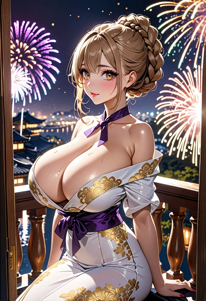 (((Highest quality, Ultra-high resolution、The most complex and detailed depiction)))、((masterpiece:1.3)), (8k, RAW Photos, Best image quality: 1.4), Very detailedな顔、Attention to detail、(Beautiful woman:1.4),(Realistic:1.4) (8k, RAW Photos,), (photo-Realistic:1.2), Very detailed, Beautiful attention to detail, (girl:1.3)Dark eyeliner、Eyelash length、False eyelashes、double eyelid、Brown eyes、Light fluorescent lip gloss, ((hostess:1.2)),(Huge breasts:1.6),、(Cleavage:1.2)、(((Light brown hair、braid one's hair、((Tie the braided hair behind your head,Put your braided hair up)))))、Gal-style makeup、Dark eyeliner、Black eyeliner、Heavy eye makeup、Eyelash length、False eyelashes、Eyelash length、Big eyes、Big black eyes、Big eyes、elongated nose、Heavy makeup、Face with gills、Spread your legs and look forward.、(((whole body)))、sexy、Glamorous Body、(Saggy breasts、Large saggy breasts)、((Sweat、Your body is wet))、((You can see the fireworks from the balcony))、(purple furisode、Gold embroidery),Looking back happily、Sit on the balcony、Beautiful nape