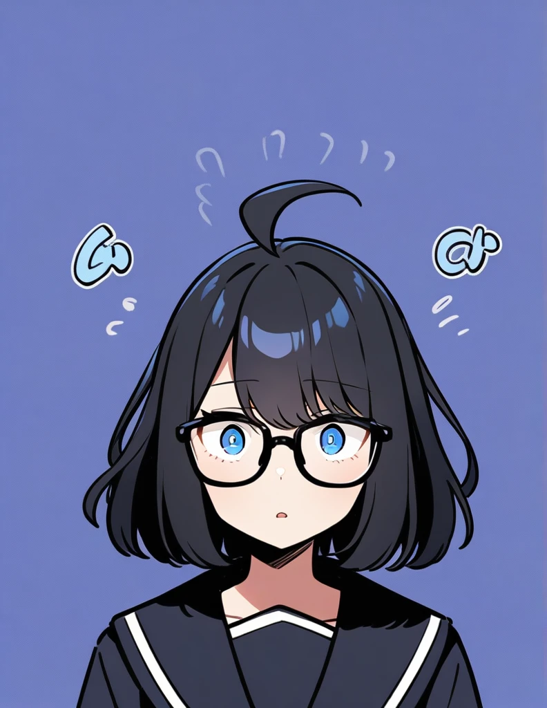 One girl, High resolution, Black Hair, Shortcuts, blue eyes, Confused eyes、Black sailor suit、Ahoge、Glasses