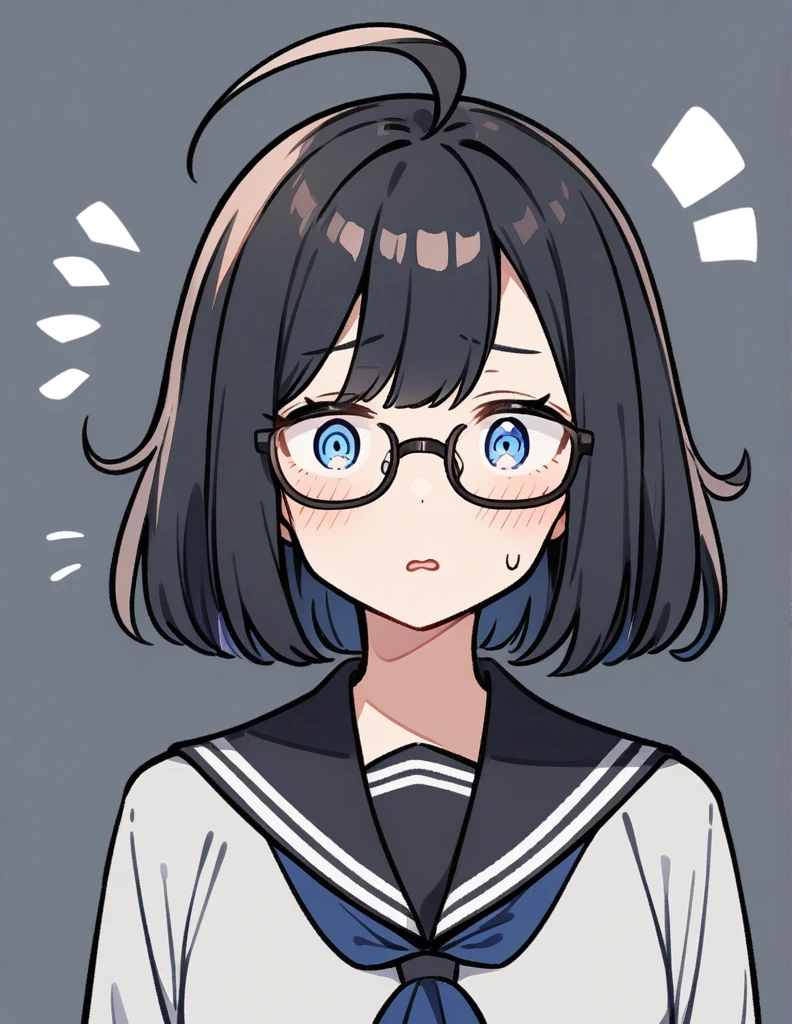 One girl, High resolution, Black Hair, Shortcuts, blue eyes, Confused eyes、Black sailor suit、Ahoge、Glasses