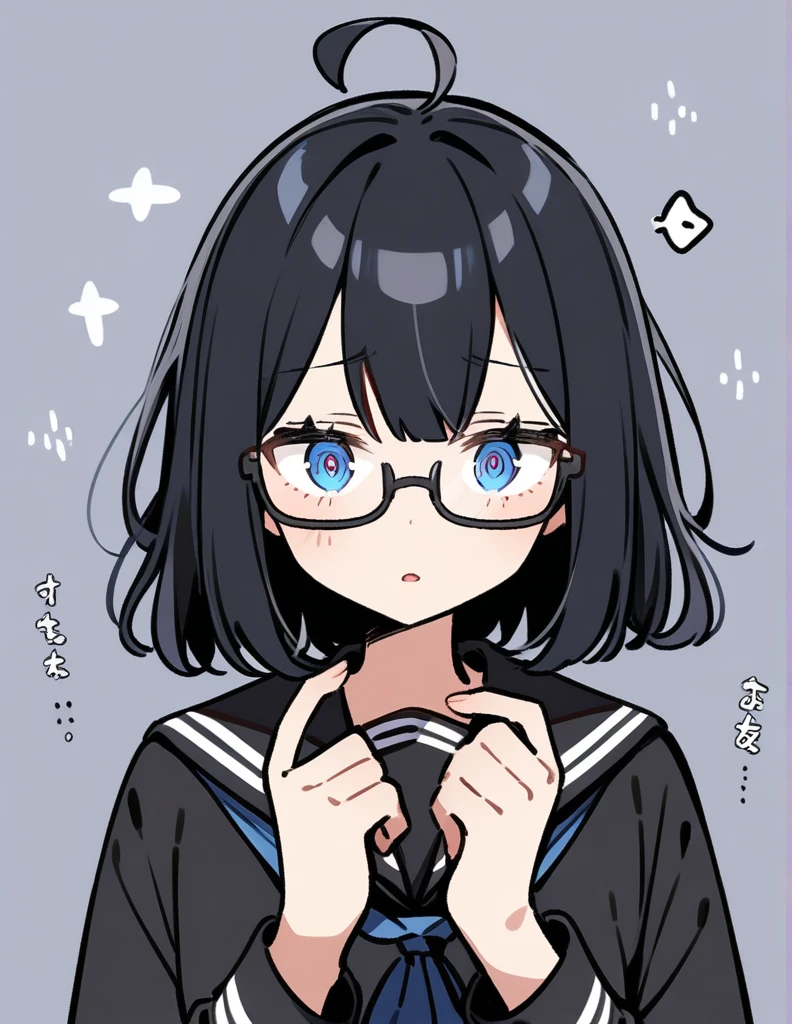 One girl, High resolution, Black Hair, Shortcuts, blue eyes, Confused eyes、Black sailor suit、Ahoge、Glasses