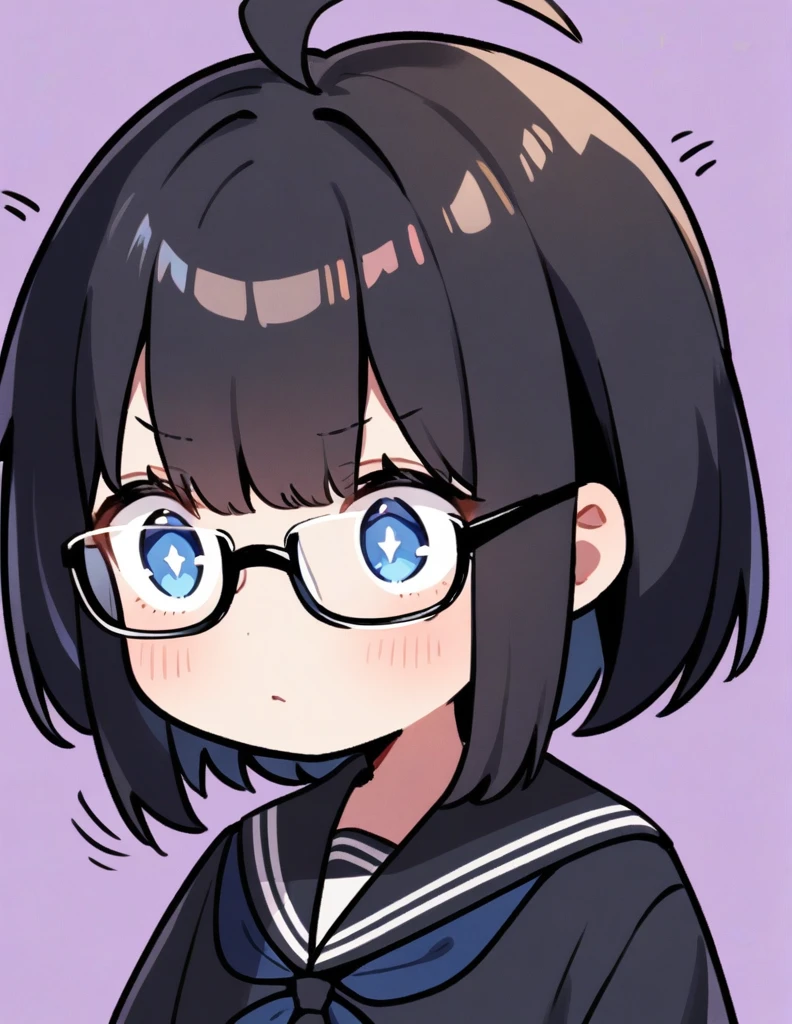 One girl, High resolution, Black Hair, Shortcuts, blue eyes, Confused eyes、Black sailor suit、Ahoge、Glasses