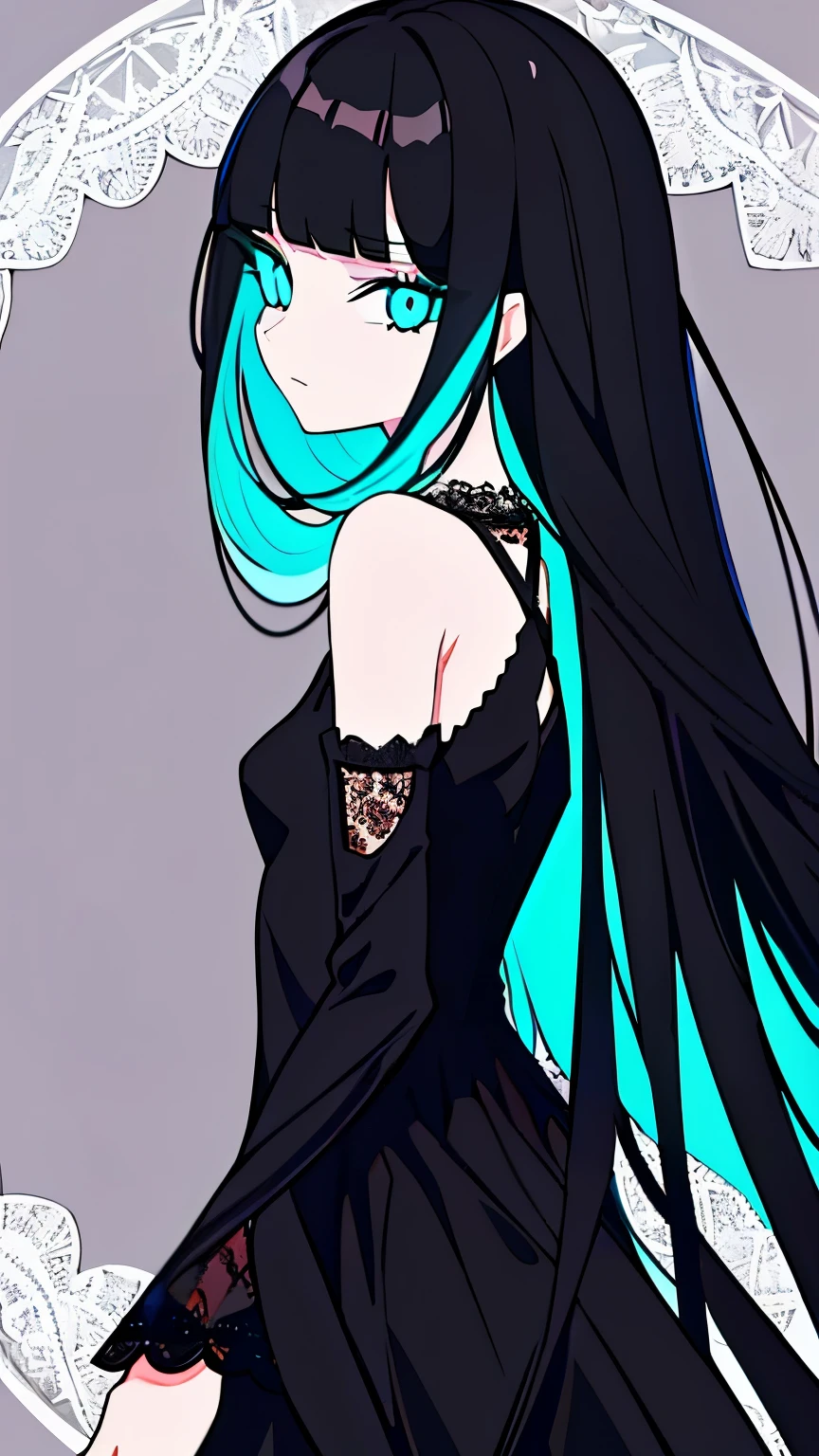 Ultra-precision,masterpiece, Highest quality,Full body portrait,girl,Beautiful girl,(Look at me),Beautiful face,((Black Hair)),Long Hair,Straight bangs,((Cyan eyes)),Detailed slanted eyes,Long eyelashes,Cool look,(((Black dress with lace))),Slender figure,Small breasts,Simple Background,
