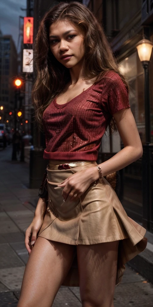 Zendaya, sexy, neckline, upskirt, red marsala blouse, beige skirt, red marsala t-shirt, tight clothes, goosebumps photo, Instagram photo, in New York City, at night, elegant 