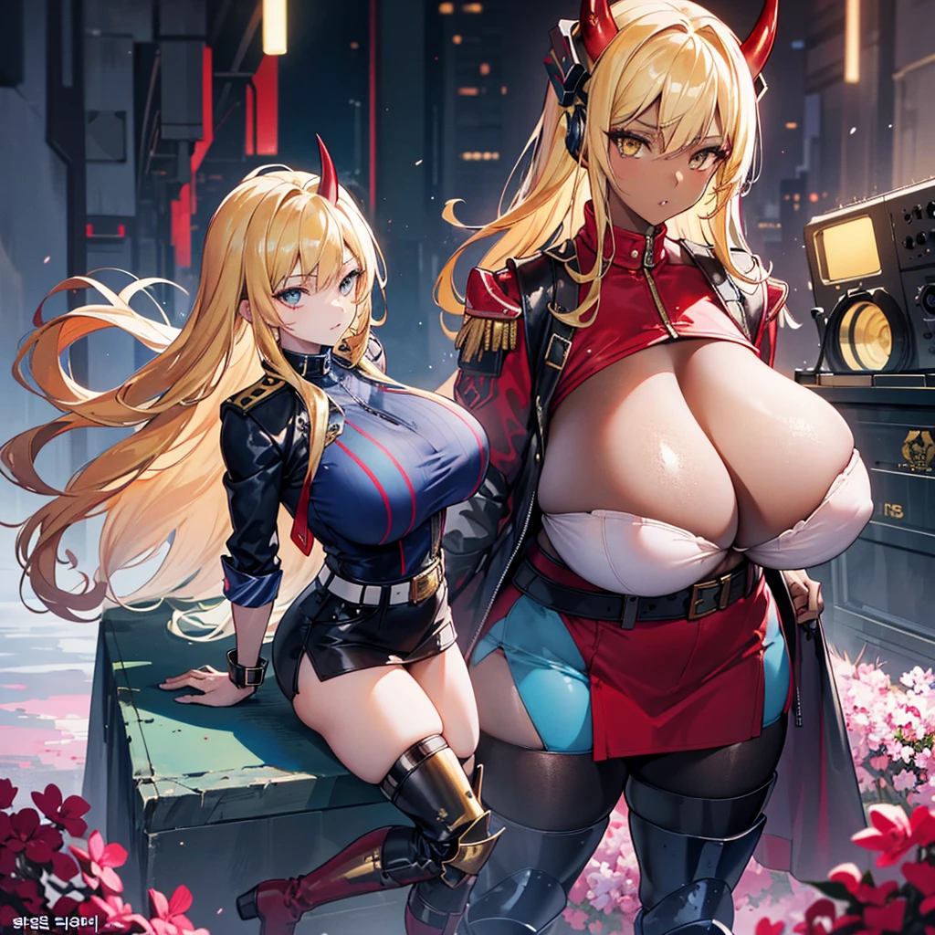 ((best quality)), ((masterpiece)), (detailed), 1girl, 8k_wallpaper, extremely detailed eyes, extremely detailed body, beautiful face, perfect face, detailed ((blonde hair)), (gold eyes), ((large big red and blue horns)), {{dark skin}}, ({dark skinned female}), gigantic breasts, thick thighs, strong arm and leg muscles, strong abdominal muscles, Monster women, Korean women, wearing a modern short black cloth jacket with rolled up sleeves, (wearing heavy gold colored steel cyberpunk armor), a wide red leather belt with blue steel yarn, steel boots, steel thigh guards, a military radio hangs on her belt, a biker girl, she rides on another planet along a lilac field against the backdrop of a blue desert and high red mountains,