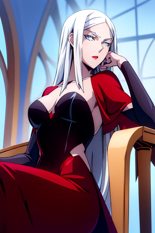 Carmilla medium breasts, black dress. by white, beautiful face, blue eyes, (masterpiece:1.2), Best Quality, absurdities, high resolution, extremely detailed wallpaper, perfect lighting, from below, chair, crossed legs, blue eyes, 

