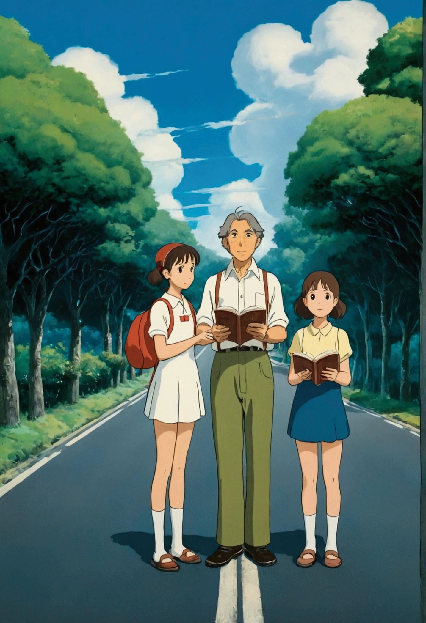 Ghibli Two girls The man stood on the road and spoke to people who were reading.