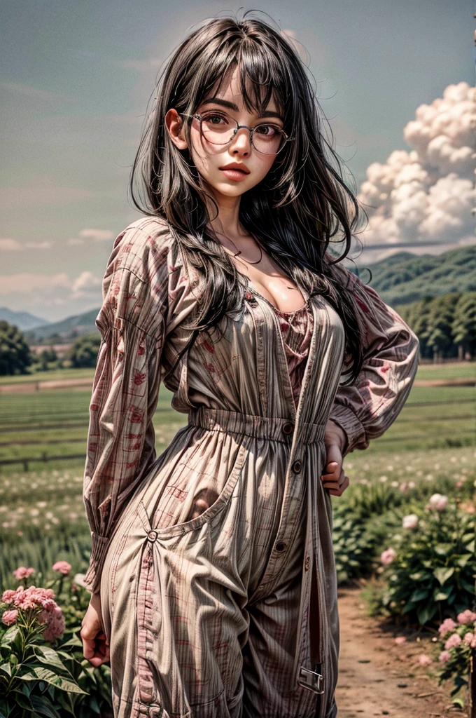 1 girl, black hair, (pink hair highlights:0.8), farm girl, freckles, sexy farmer overalls, cleavage, round eyewear, glasses, streets, green eyes, solo, farm field, standing, arms behind back