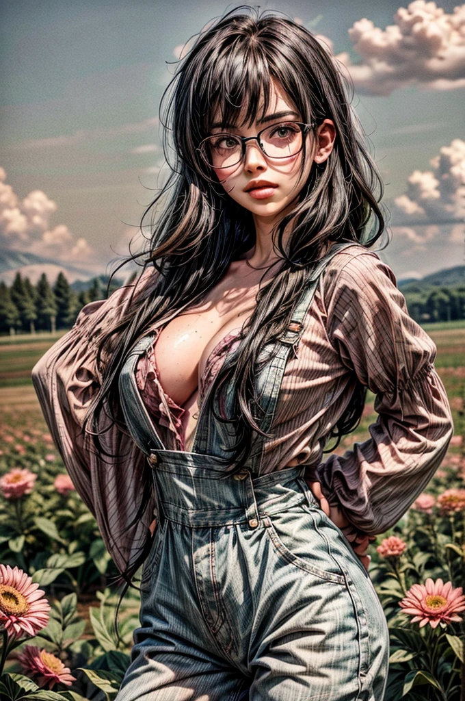 1 girl, black hair, (pink hair highlights:0.8), farm girl, freckles, sexy farmer overalls, cleavage, round eyewear, glasses, streets, green eyes, solo, farm field, standing, arms behind back