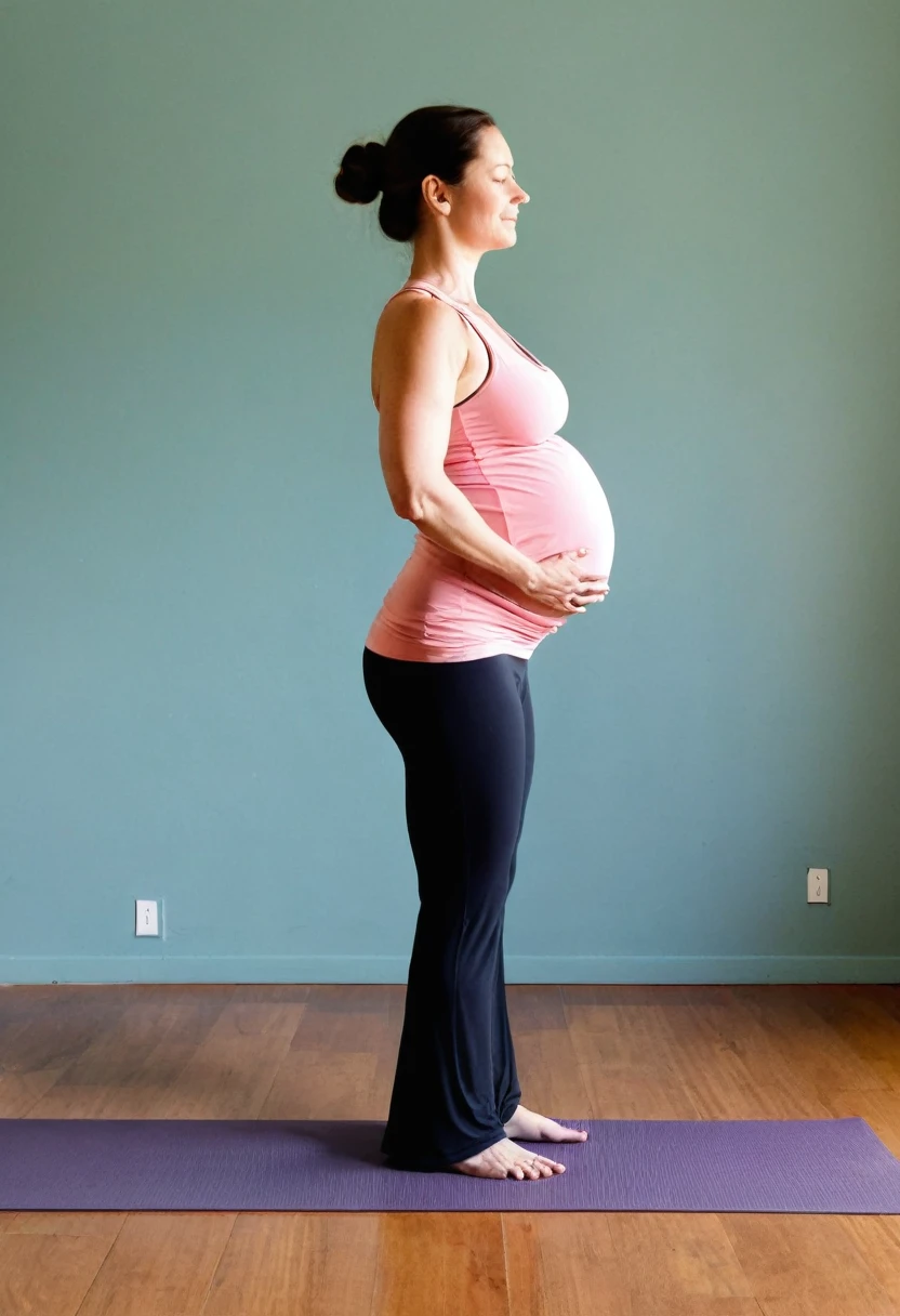 Image Series - Steps to Mountain Pose (Tadasana) in Prenatal Yoga
General Description: I need a series of 5 images that explain step by step how to perform the mountain pose (Tadasana) in prenatal yoga. Each image must be clear and precise, showing a pregnant woman at each stage of the process. The style should be relaxing and professional, with soft colors and a minimalist yoga studio background.
Step 1: Starting Position
Description: Stand with your feet together or slightly apart, distributing your weight evenly.
Visual Cues: Show a pregnant woman facing forward standing with her feet together or slightly apart, in a minimalist yoga studio background. Make sure her weight is evenly distributed on both feet.
Warning only creates the image from Step 1