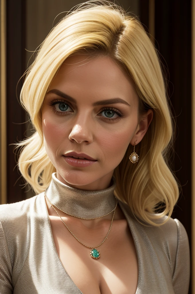 portrait of a beautiful stately woman, wearing large gemstone necklace, crystal brooch, plain wool gown, [Victoria Beckham],[[KateBeckinsale]],[[[Jenna Coleman]]],[[[Tricia Helfer]]], green eyes, turtleneck, ((brooch)), Platinum Blonde, ((Blonde hair))