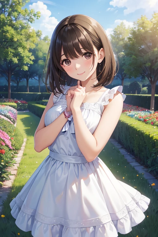 anegasaki nene、Shiny brown hair, short hair, (Beautiful brown eyes、Sparkling eyes, Fine grain)、smile、Ultra-detailed eyes、Highly detailed face, Highly detailed eyes,Cowboy Shot、

(((masterpiece, Highest quality, High resolution,8k))),(((beautiful girl))),(masterpiece, Highest quality:1.2), 1 girl, alone,Are standing_split up, Brown eyes, short hair, Short dress, evening, garden, Cute pose, smile