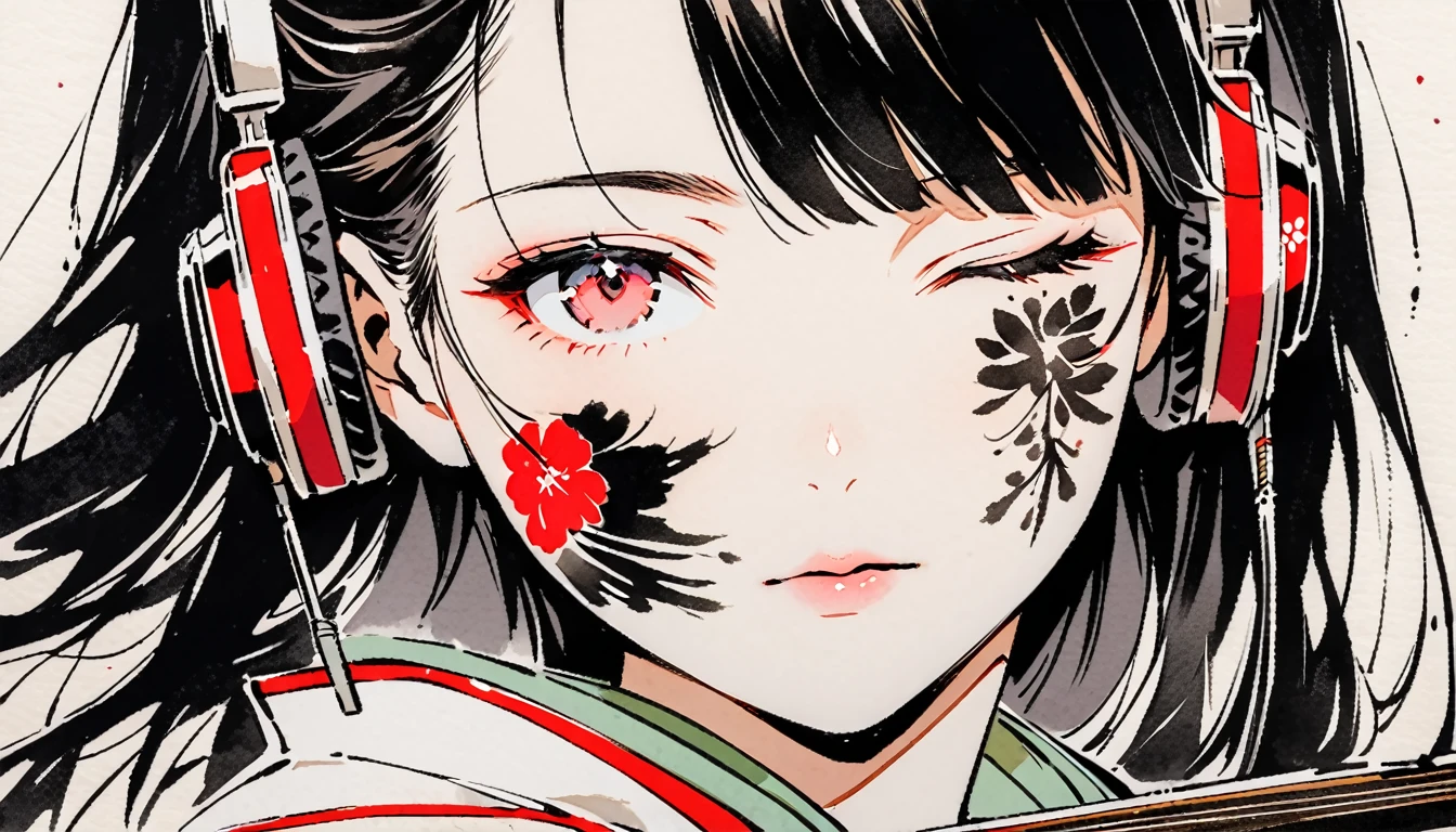 (((Ink Painting))), ((Japanese style headphones)), (((Japanese pattern tattoo on face))), face close up, Gorgeous hair accessories, Japan shamisen