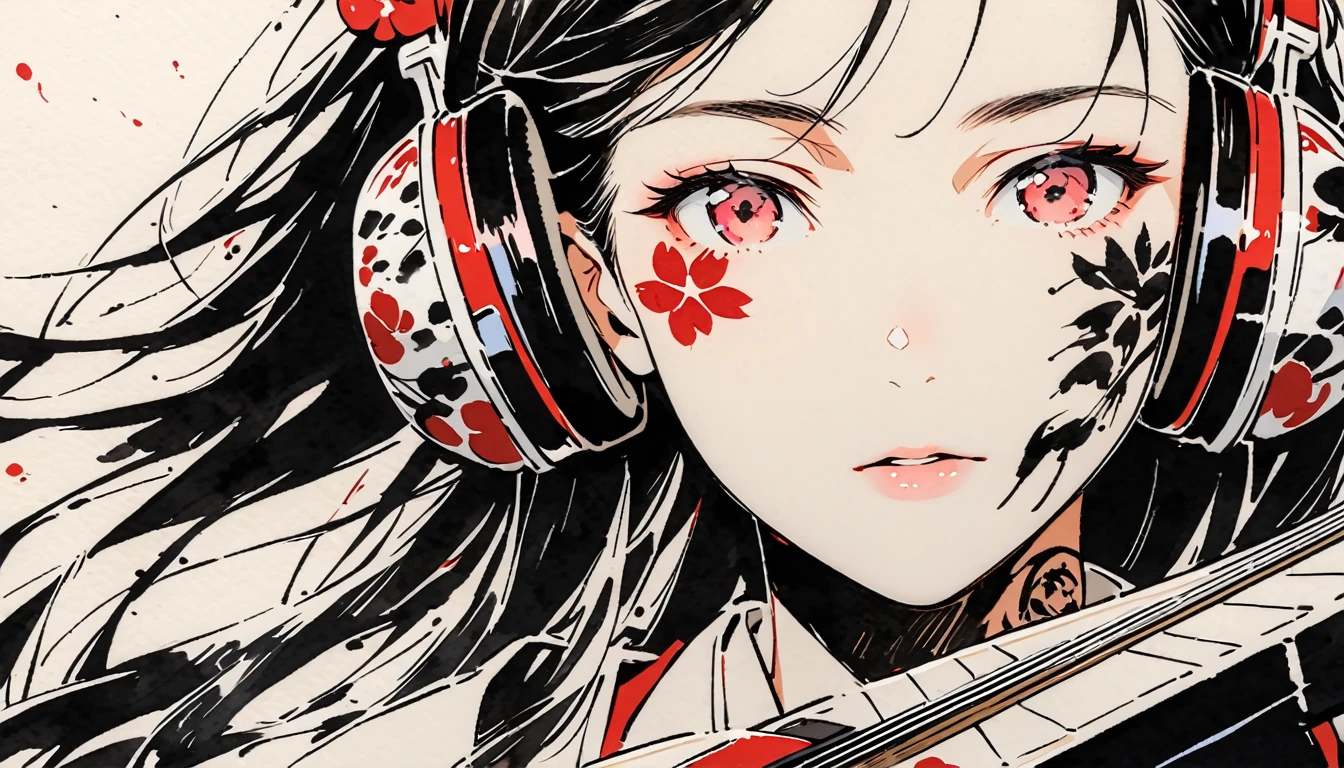 (((Ink Painting))), ((Japanese style headphones)), (((Japanese pattern tattoo on face))), face close up, Gorgeous hair accessories, Japan shamisen