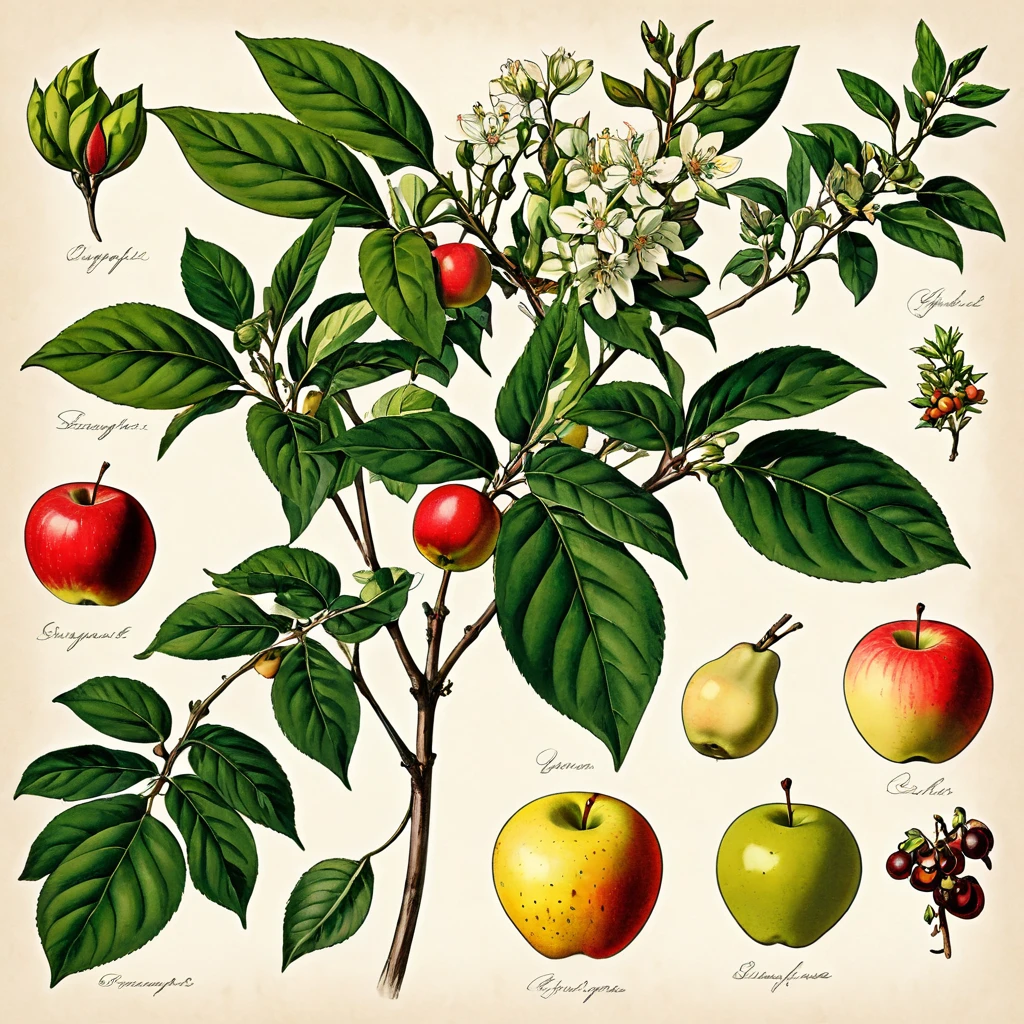 I want a drawing of a plant in the style of an old explanatory sketch, on a sheet of paper. The drawing must include all the elements of the plant: Estate, Stems, leaves, flowers and fruits. It is important that the style is detailed and realistic, as if it were part of a field notebook.The drawing should be in soft and natural tones, avoiding strong colors. Colors should be subtle, similar to those that might have been used in old illustrations, Illustrations must include anatomical details, as cross sections of fruits and seeds. The entire plant should be colorful but with soft tones. The fruit plant will be an apple