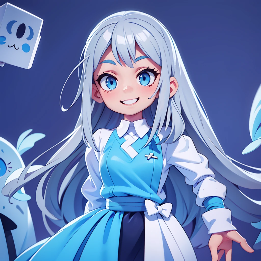 Long Hair,Gray Hair Color,Light blue eyes,,Alone,Staring at the audience,Perfect Face,smile,