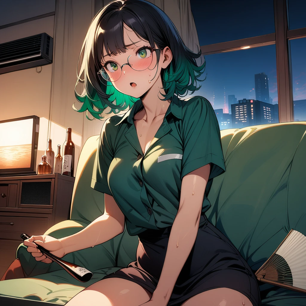 (masterpiece),(best quality),very aesthetic,(ultra-detailed),(super-fine illustration),vibrant colors,high saturation,nsfw,1girl,25yo,slender,tall,medium hair,black hair,natural wave hair,flipped hair,dark green eyes,enjoyable,comfortable,satisified,glasses,fan,sweat,cool, (monk's working clothes with gradient earth color),short sleeves,living room,window,air-conditioner,Urban landscape outside the window,television,table,(drunk:1.2),japanese sake bottle,sake cup,reclining on couch,side dish,night,dinner time,cowboy shot,looking away