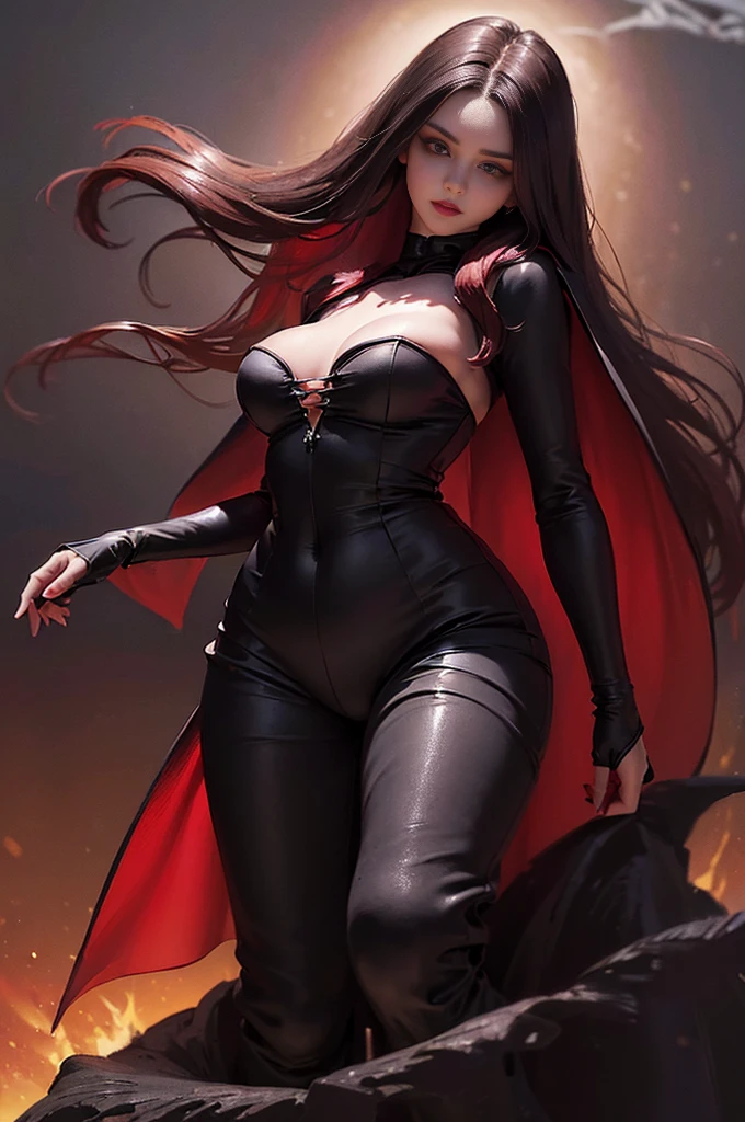 (skindentation:1.5), Realistic, Photorealistic, (masterpiece:1.5), concept art, intricate details, highly detailed, photorealistic, octane render, 8k, unreal engine, dynamic pose, best quality, highres, (realistic face:1.1), (hyperrealistic:1.1), (((full_body))), perfect eyes,(shiny skin:1.2), (((hairstyle))), (((perfect handtremely detailed background), ((dynamic background)), ((1girl)), wearing black jumpsuit, dark red bootlowing jacket))), ((detailed eyes, high quality eyes, high quality face)), (extremely intricate jacket), long black hair, dramatic, depth of field, bokeh, 4k, (((underworld))), ((standing pose)), dark witch