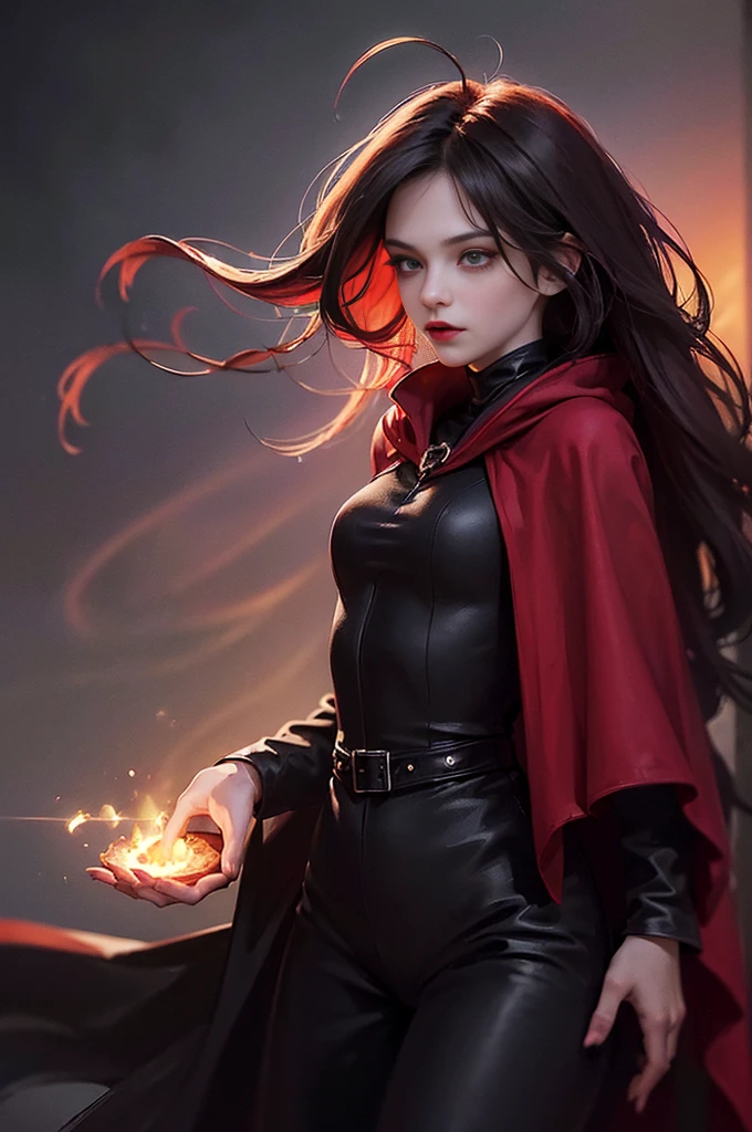 (skindentation:1.5), Realistic, Photorealistic, (masterpiece:1.5), concept art, intricate details, highly detailed, photorealistic, octane render, 8k, unreal engine, dynamic pose, best quality, highres, (realistic face:1.1), (hyperrealistic:1.1), (((full_body))), perfect eyes,(shiny skin:1.2), (((hairstyle))), (((perfect handtremely detailed background), ((dynamic background)), ((1girl)), (((wearing black jumpsuit, dark red long wizard cape))), ((detailed eyes, high quality eyes, high quality face)), (extremely intricate cape), red long hair, dramatic, depth of field, bokeh, 4k, (((underworld))), ((floating in the air)), (((black magic witch))), (((fierce eyes)))