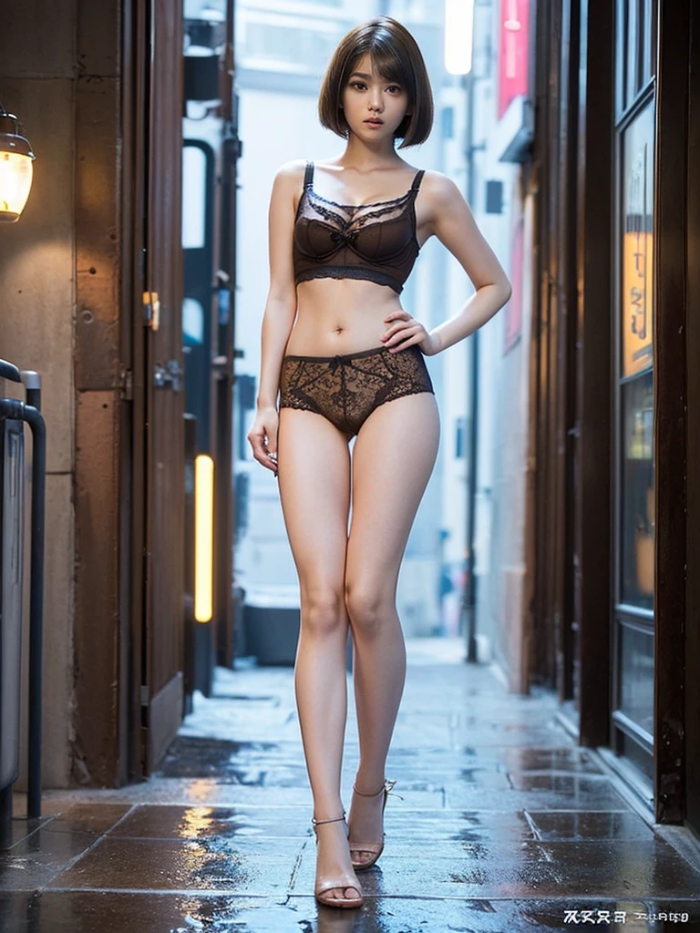 ((Small breasts:1.5))、((Full body photo:1.6))、((Brown short bob cut:1.7))、Feminine Cute Underwear woman, Blue LED light, Cute Underwear:1.6, Cleavage, high tech, Ultra-high resolution, 32K, (In underwear:1.7), (detailed:1.4), Cyberpunk City Background, Rainy Street, Beautiful Face, Professional Lighting, masterpiece, Very delicate and beautiful, Professional photos, Prostitute
