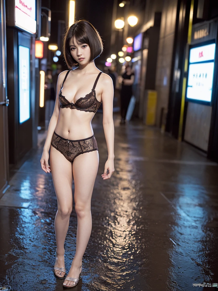 ((Small breasts:1.5))、((Full body photo:1.6))、((Brown short bob cut:1.7))、Feminine Cute Underwear woman, Blue LED light, Cute Underwear:1.6, Cleavage, high tech, Ultra-high resolution, 32K, (In underwear:1.7), (detailed:1.4), Cyberpunk City Background, Rainy Street, Beautiful Face, Professional Lighting, masterpiece, Very delicate and beautiful, Professional photos, Prostitute
