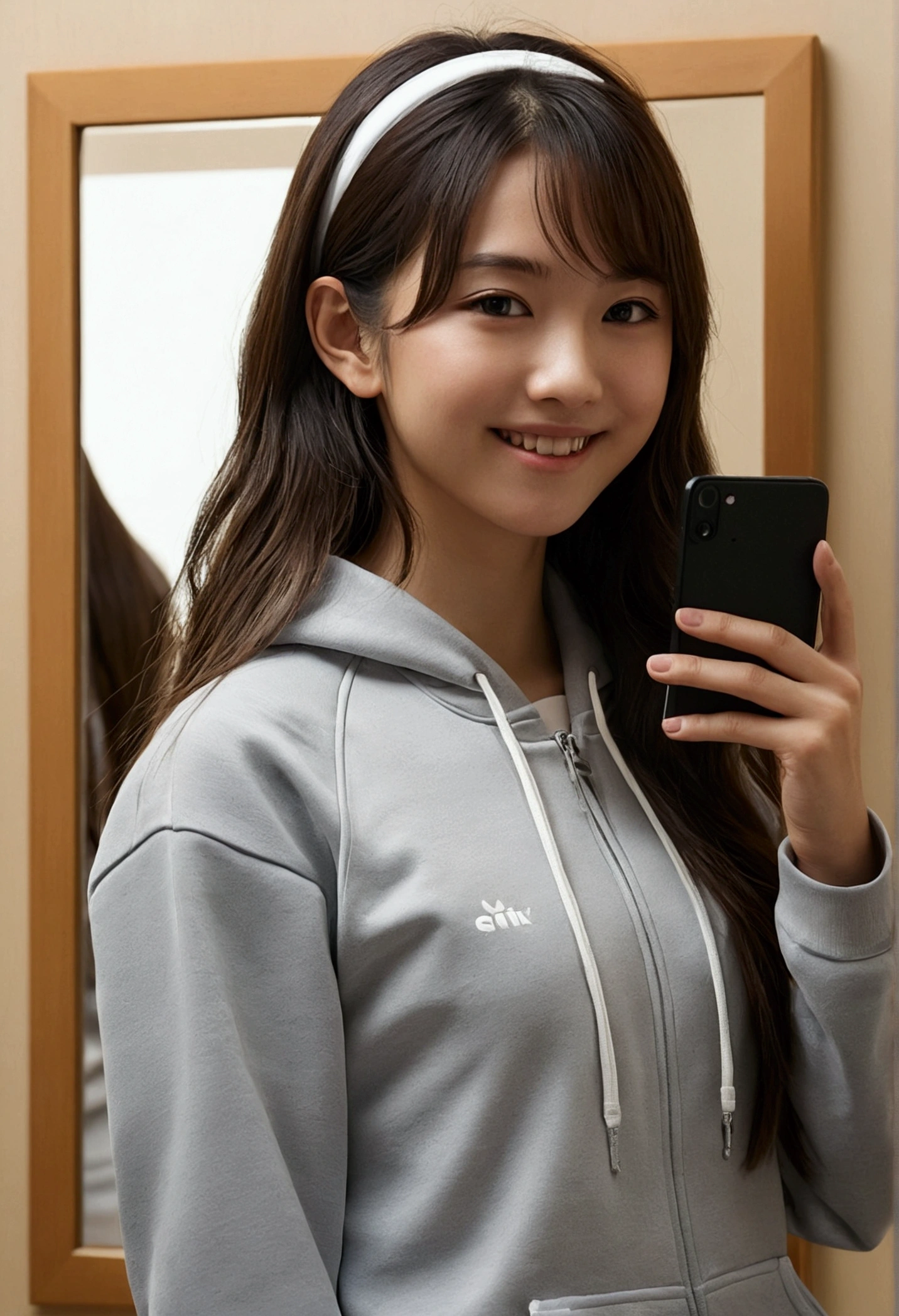 (Highest quality,masterpiece:1.3,Ultra-high resolution),(Very detailed,Caustics,8k),(Realistic:1.4,RAW shooting),1 girl,(Smiling and looking down at the camera)Wearing a tracksuit, summer, in front of a mirror, selfie, taking a picture of yourself in the mirror with a smartphone, semi-long hair, college student, very cute, Japanese, Japanese person, full body shot