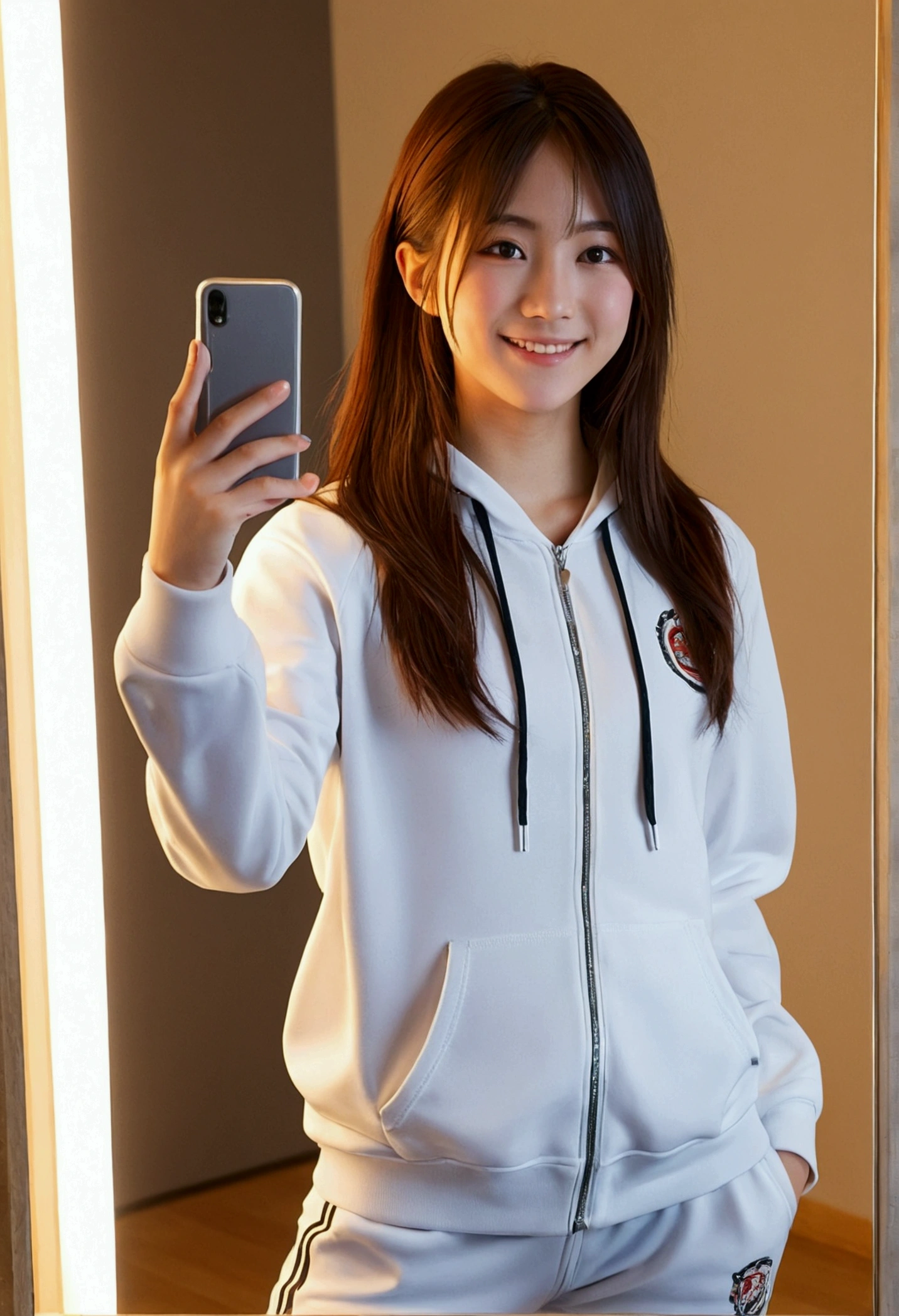 (Highest quality,masterpiece:1.3,Ultra-high resolution),(Very detailed,Caustics,8k),(Realistic:1.4,RAW shooting),1 girl,(Smiling and looking down at the camera)Wearing a tracksuit, summer, in front of a mirror, selfie, taking a picture of yourself in the mirror with a smartphone, semi-long hair, college student, very cute, Japanese, Japanese person, full body shot